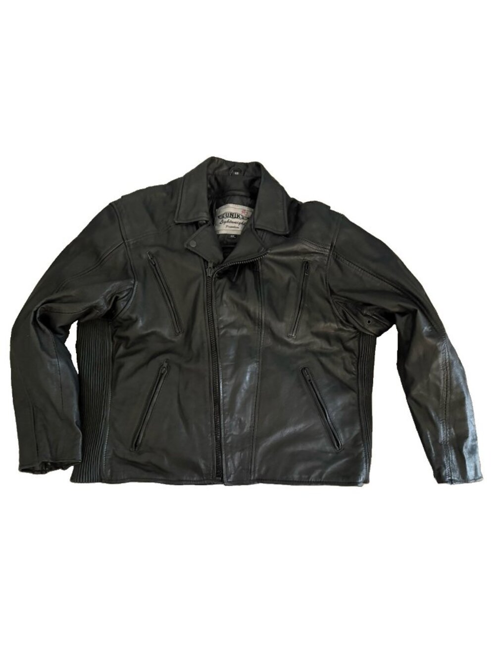 UNIK Black Leather Heavy Duty Motorcycle Zippered Jacket Men's Sz 52 Lined Biker